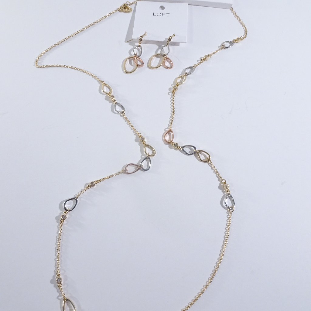 Nwt Ann Taylor Tri Color Pave Link Necklace Earrings Set 2 Nwt 65